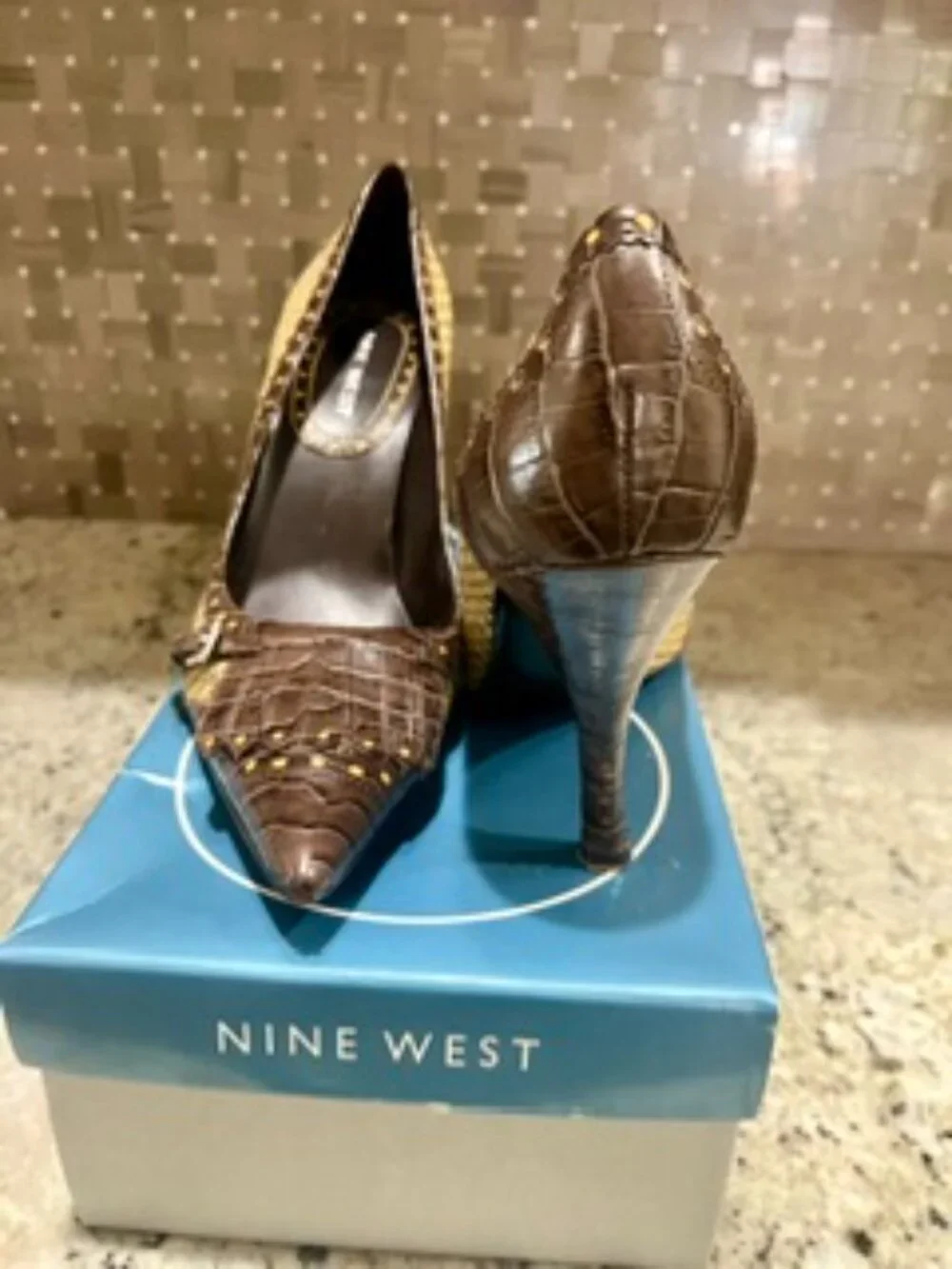 Nine West Pumps, Herringbone Fabric and Crocodile Faux Leather. Size 9M